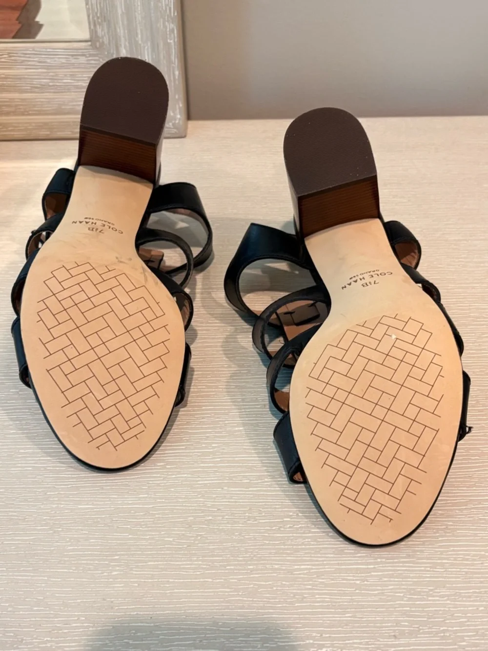 Cole Haan Black Leather Multi-Strap Sandals with Gold Buckle